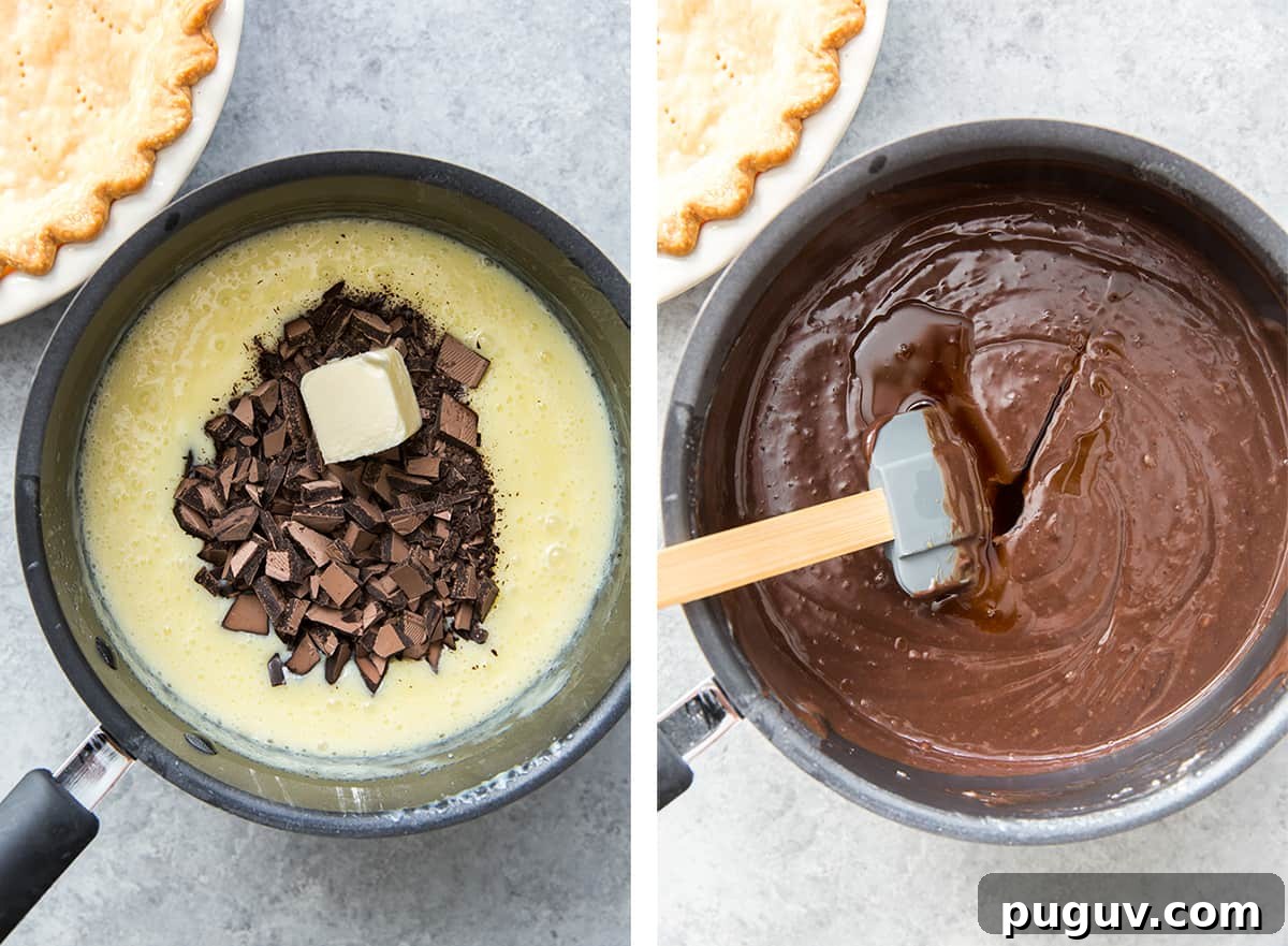 Chocolate and butter are added to an egg mixture in a saucepan.