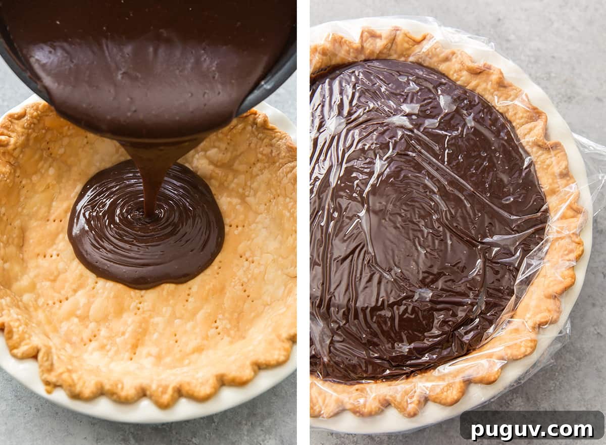 Chocolate custard is poured into a blind baked pie crust and covered with plastic wrap.