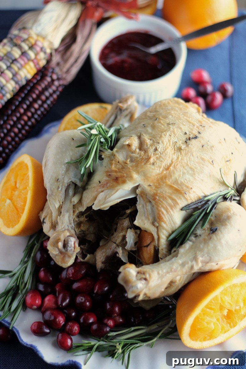 Instant Pot Whole Chicken with Cranberry Orange Sauce (AIP) - this chicken cooks in less than an hour, thanks to the Instant Pot! Served with a delicious sauce made with fresh cranberries, oranges, and balsamic! | fedandfulfilled.com