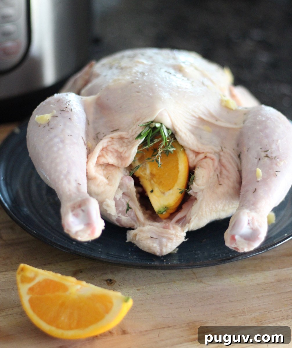 Instant Pot Whole Chicken with Cranberry Orange Sauce (AIP) - a simple, stunning chicken dish featuring herb and citrus-stuffed chicken and tangy, sweet cranberry orange sauce! | fedandfulfilled.com