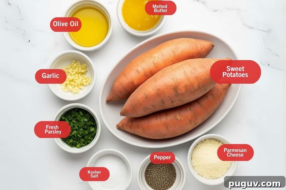 Garlic Butter Smashed Sweet Potatoes with Parmesan Crisps 3 Flat lay photo of ingredient shot of melted butter, olive oil, garlic, fresh parsley, kosher salt, pepper, sweet potatoes, parmesan cheese