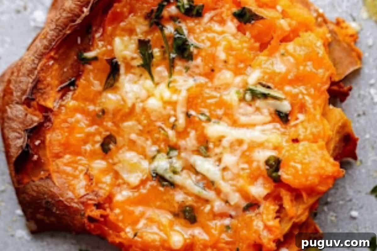 Garlic Butter Smashed Sweet Potatoes with Parmesan Crisps 8 Broil the potatoes for 15 minutes until golden and crispy. Sprinkle parmesan cheese on top and return into the oven.