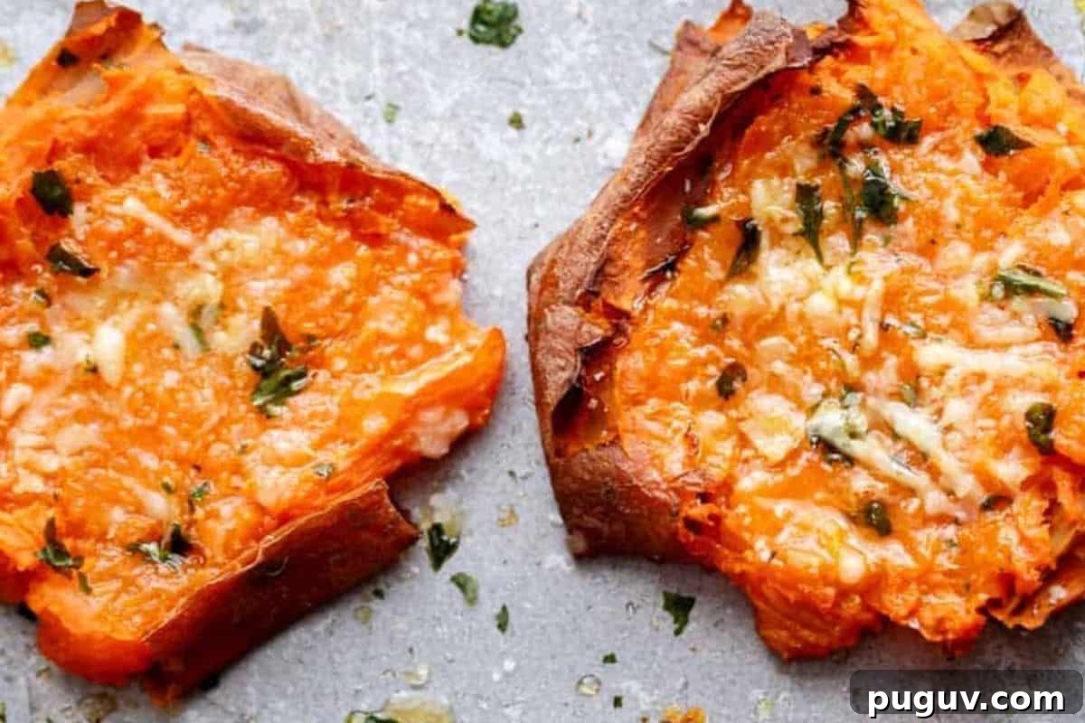 Garlic Butter Smashed Sweet Potatoes with Parmesan Crisps 9 Garnish with extra chopped parsley on top and serve the smashed sweet potatoes hot.