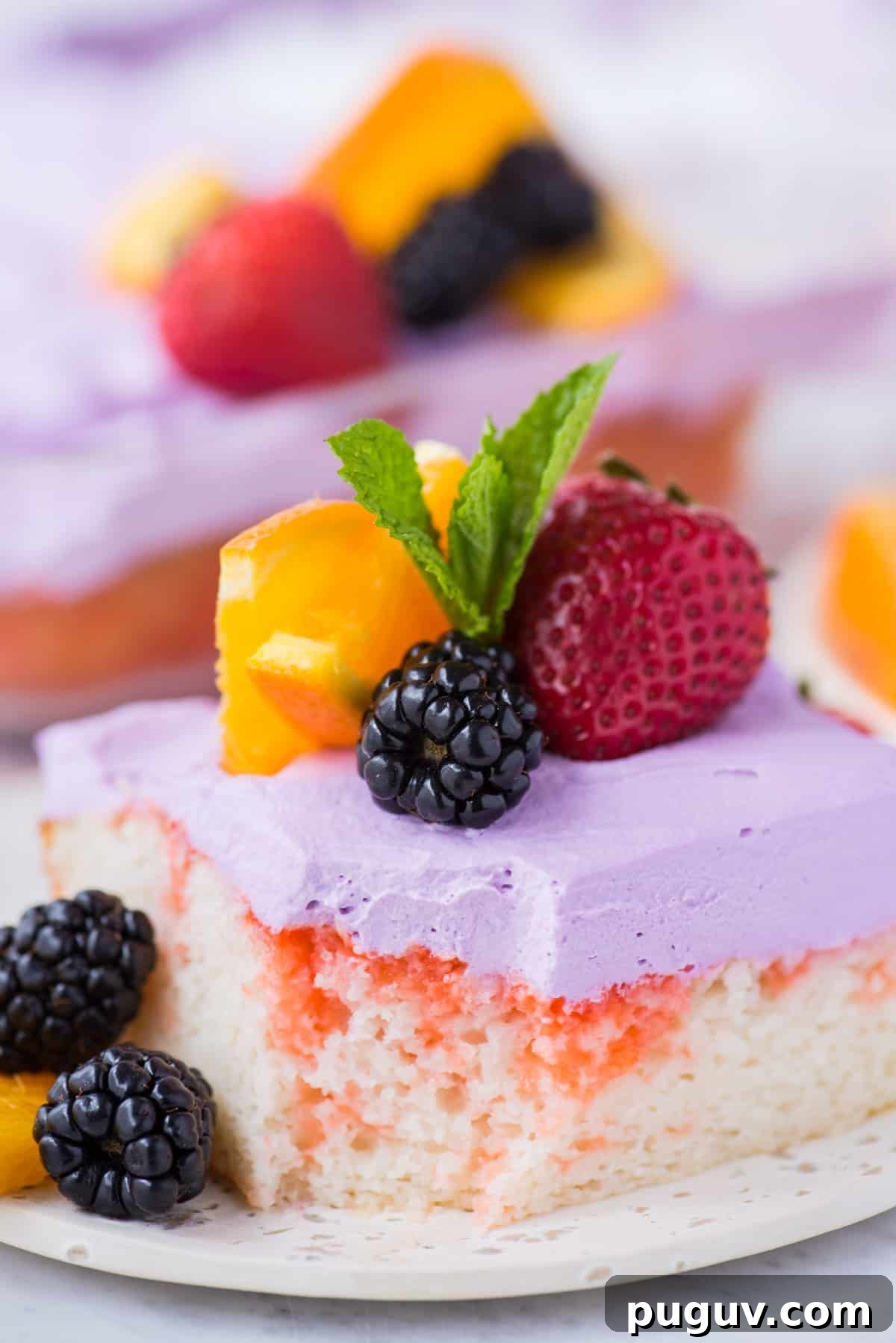Sangria-Inspired Poke Cake Recipe for Summer Parties 5 slice of sangria poke cake garnished with a strawberry, blackberries, orange slice and mint leaf on white plate