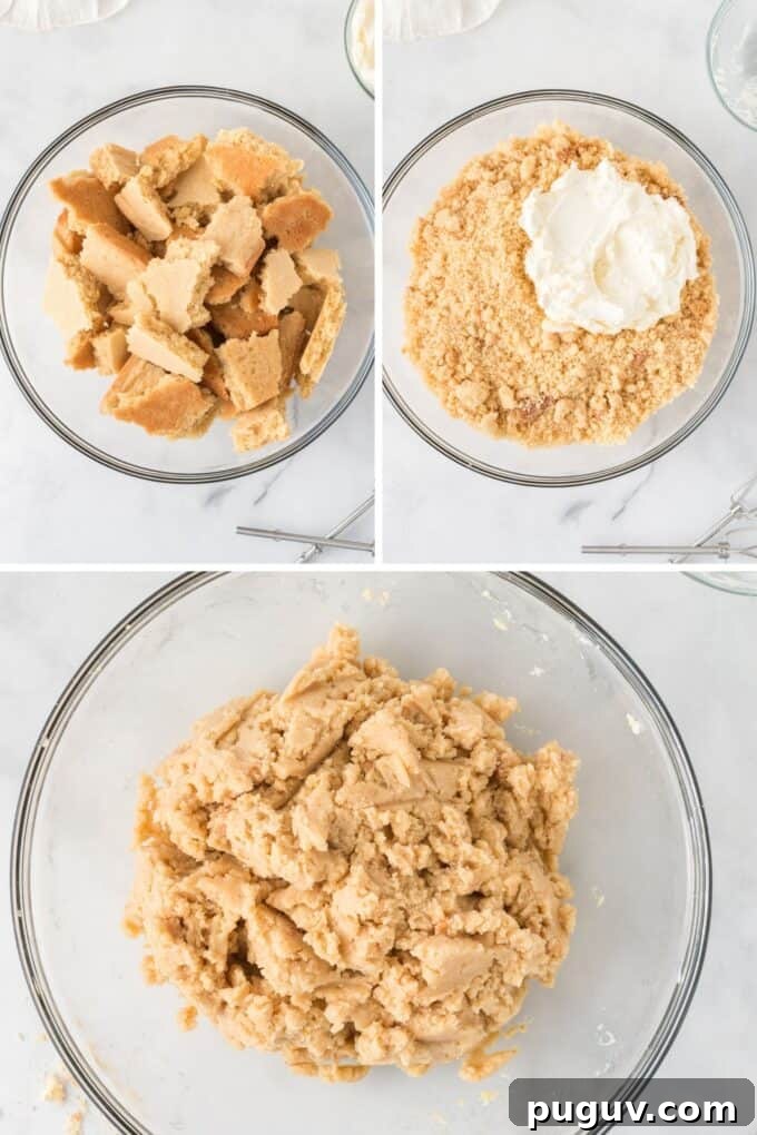 Valentine Sugar Cookie Truffles: Creamy Heart-Shaped Dessert Bites 8 bowl of crumbled sugar cookie crumbs mixing with cream cheese