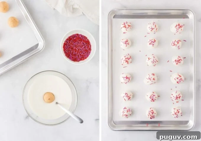 Valentine Sugar Cookie Truffles: Creamy Heart-Shaped Dessert Bites 10 dipping sugar cookie Valentine truffles in white almond bark and topping with red and pink sprinkles