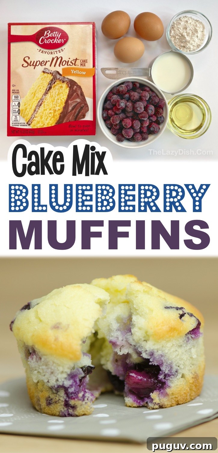 Blueberry Muffins from Cake Mix – Quick Moist Recipe 7 Looking for quick and easy snack and breakfast ideas? These simple blueberry muffins are made with just a few ingredients including boxed yellow cake mix! Kids and adults love this on the go treat. They are perfect for work, after school, busy mornings and sports practice. Made with fresh or frozen blueberries! #muffins #cakemix #thelazydish