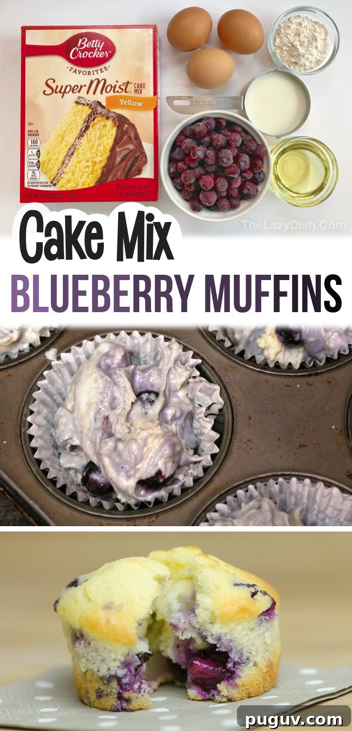 Blueberry Muffins from Cake Mix – Quick Moist Recipe 8 Looking for easy on the go breakfast ideas? These simple blueberry muffins are made with just a few cheap ingredients including boxed yellow or white cake mix! Kids and adults love this on the go treat for breakfast and after school snacks. They are also perfect for work, busy mornings and sports practice. Quick and easy to make with fresh or frozen blueberries!