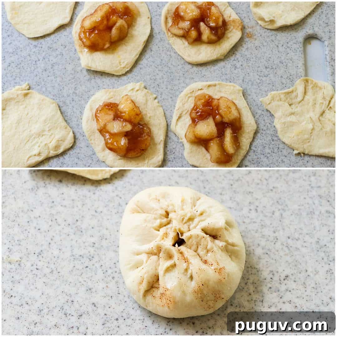 Air Fryer Apple Pie–Stuffed Biscuits: Quick Dessert Recipe 3 Apple pie filling placed on each biscuit.