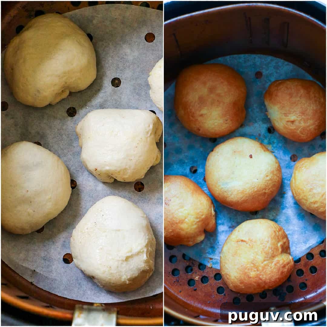 Air Fryer Apple Pie–Stuffed Biscuits: Quick Dessert Recipe 4 Collage showing uncooked fritters in air fryer and cooked fritters in air fryer.