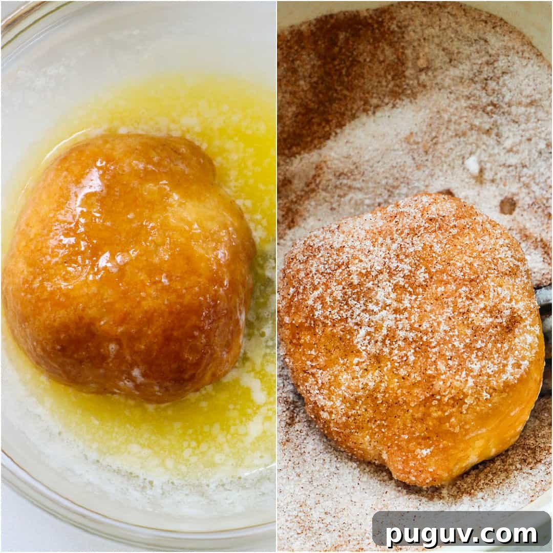 Air Fryer Apple Pie–Stuffed Biscuits: Quick Dessert Recipe 5 Collage showing a stuffed biscuit getting dipped in melted butter and then coated in cinnamon sugar.