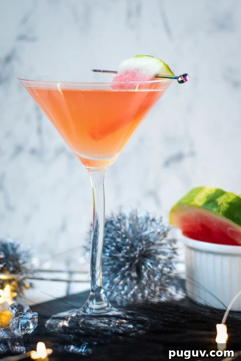 Refreshing Watermelon Martini Recipe: How to Mix the Perfect Cocktail 2 Gorgeous watermelon martini with a watermelon garnish, placed on a black slate plate.
