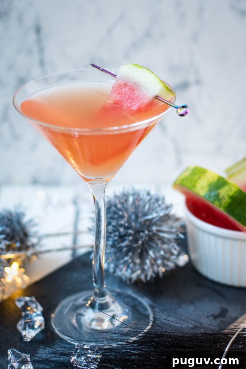 Refreshing Watermelon Martini Recipe: How to Mix the Perfect Cocktail 10 Gorgeous watermelon martini with a watermelon garnish, placed on a black slate plate.