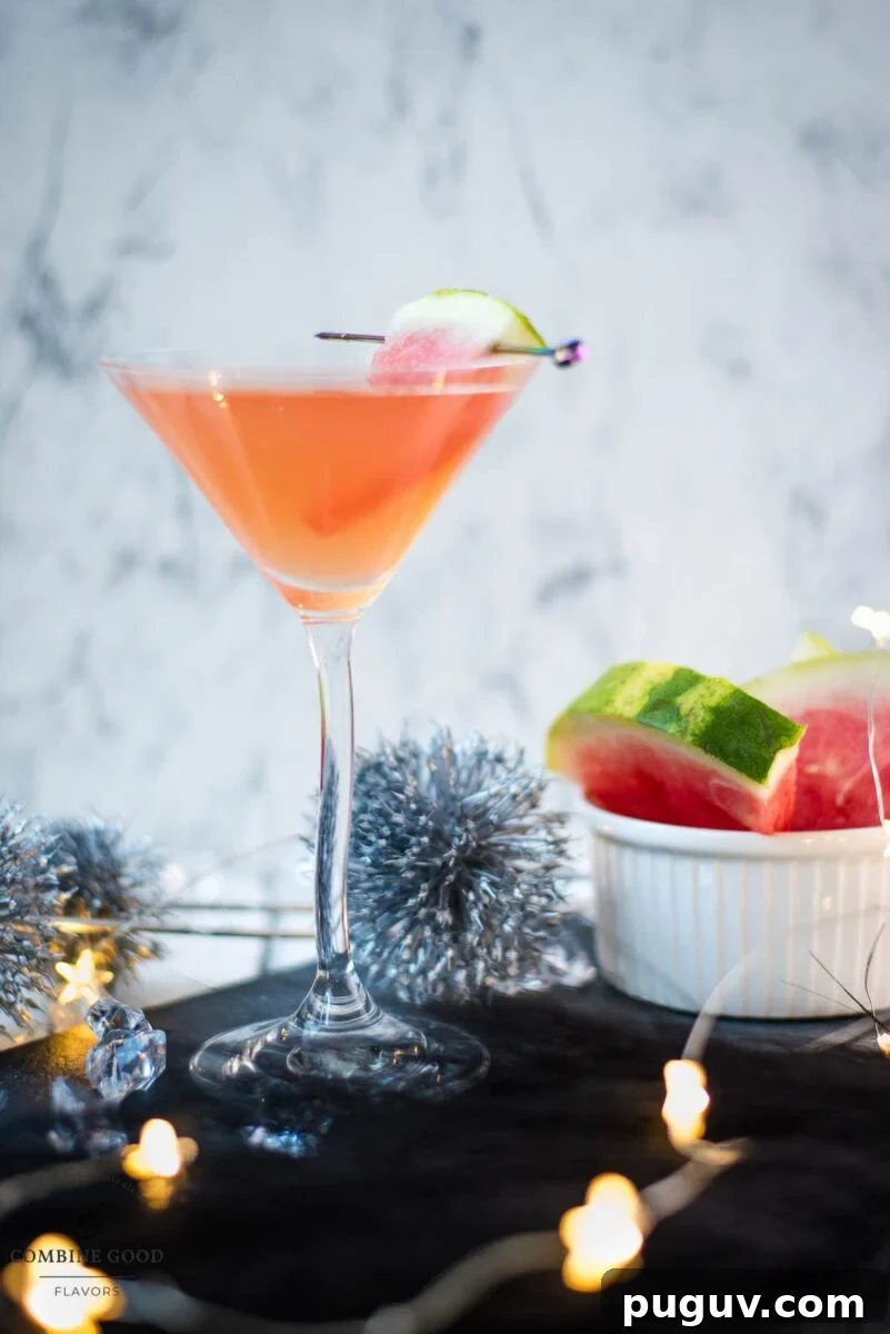 Refreshing Watermelon Martini Recipe: How to Mix the Perfect Cocktail 11 Gorgeous watermelon martini with a watermelon garnish, placed on a black slate plate.