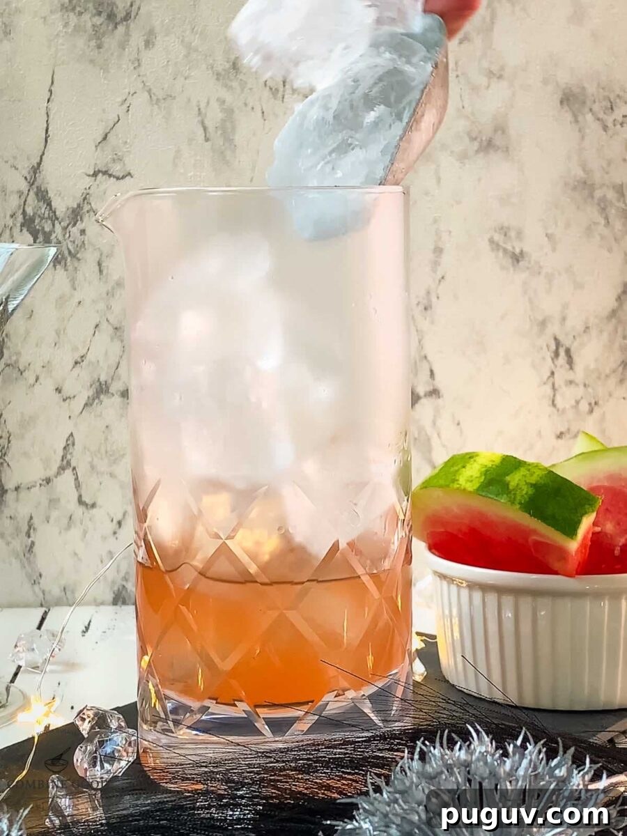 Refreshing Watermelon Martini Recipe: How to Mix the Perfect Cocktail 6 Adding cubed ice to the stirring glass.
