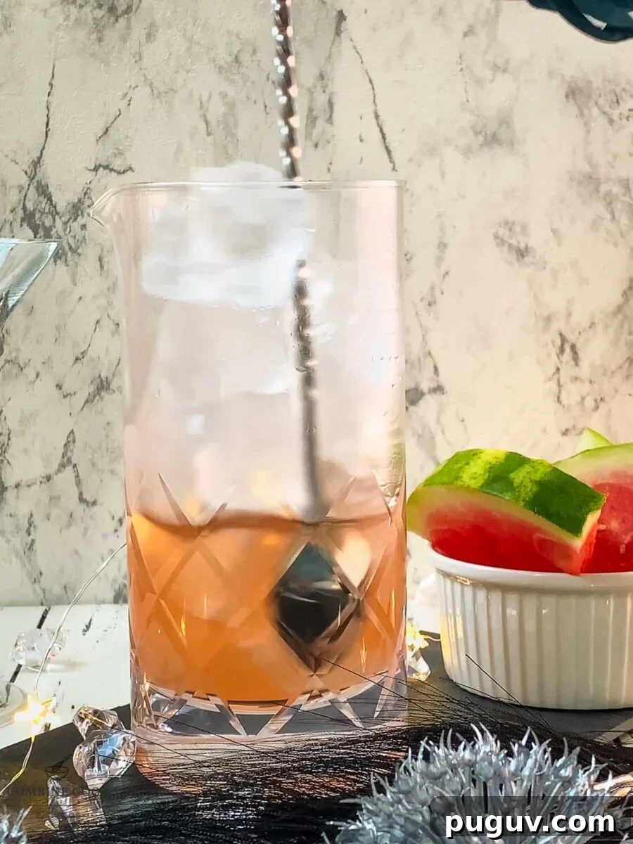 Refreshing Watermelon Martini Recipe: How to Mix the Perfect Cocktail 7 Barspoon stirring the watermelon martini in a stirring glass.