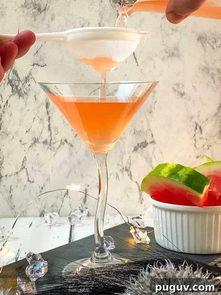 Refreshing Watermelon Martini Recipe: How to Mix the Perfect Cocktail 9 Fine-straining the watermelon martini into your serving glass.