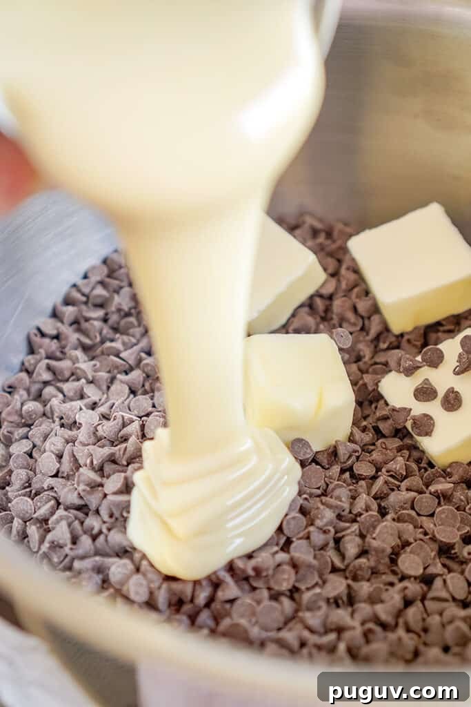 Decadent Hot Chocolate Fudge Recipe for Rich Cocoa Lovers 5 upclose photo adding the sweetened condensed milk to a bowl of chocolate chips and butter