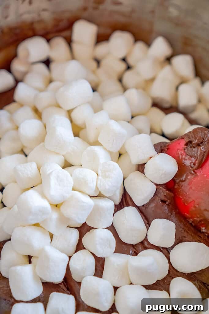 Decadent Hot Chocolate Fudge Recipe for Rich Cocoa Lovers 7 marshmallows being added to a bowl of ingredients