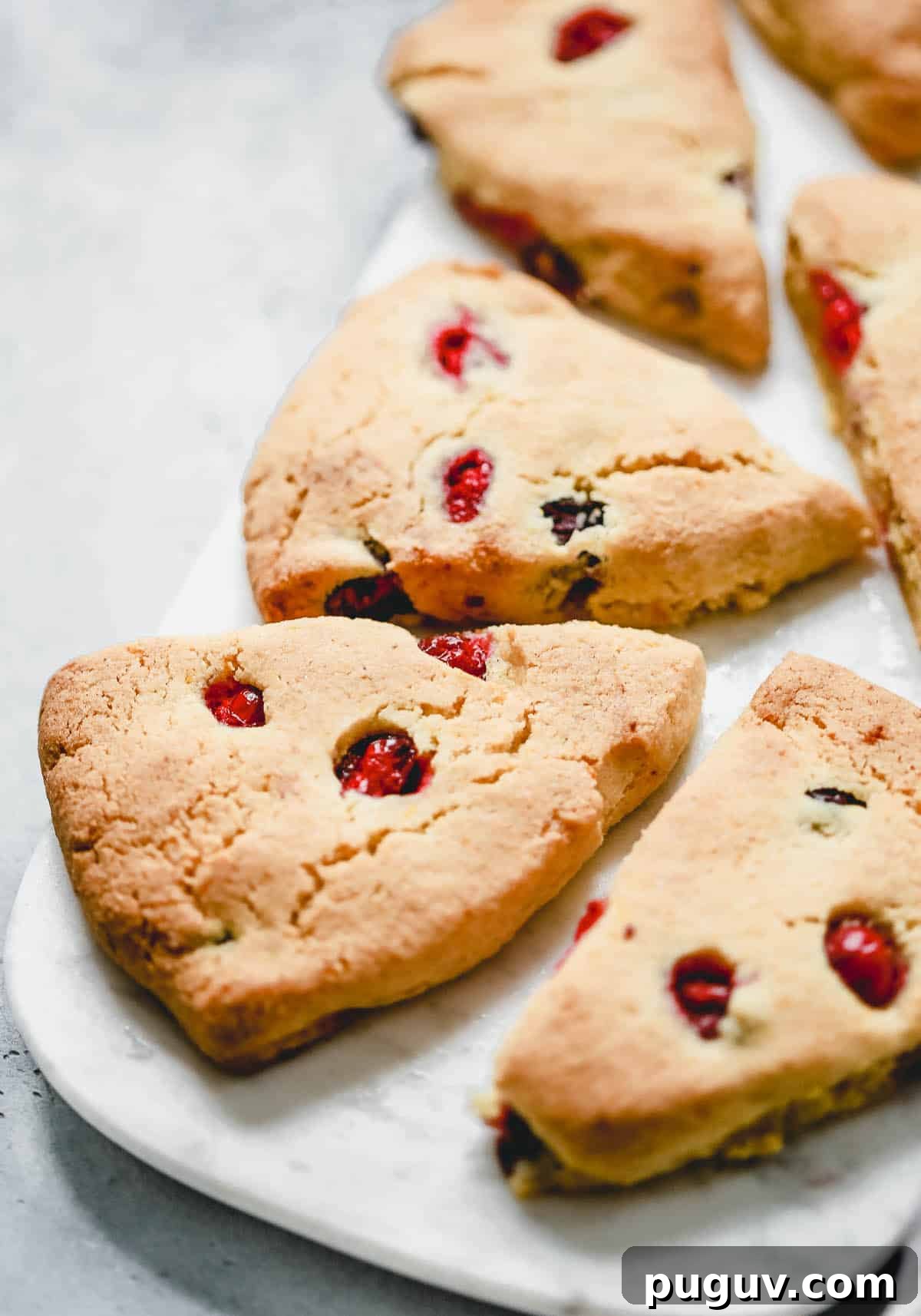 Cranberry orange scones celebrate all the fruit flavors of the season in a low carb treat. For breakfast or dessert, this scone recipe looks beautiful and tastes amazing. platter of cranberry-orange flavor low carb scones