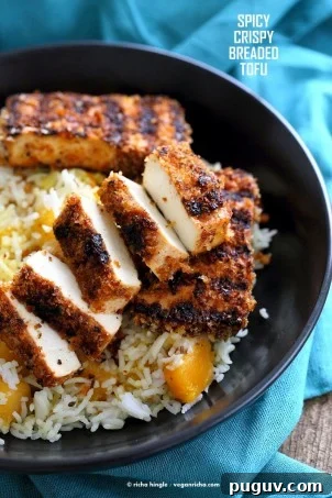 Spicy Crispy Breaded Tofu Strips. Marinated Tofu breaded and grilled or baked. Flavorful and easy. | VeganRicha.com #Vegan #Holiday #Side #glutenfree #veganricha