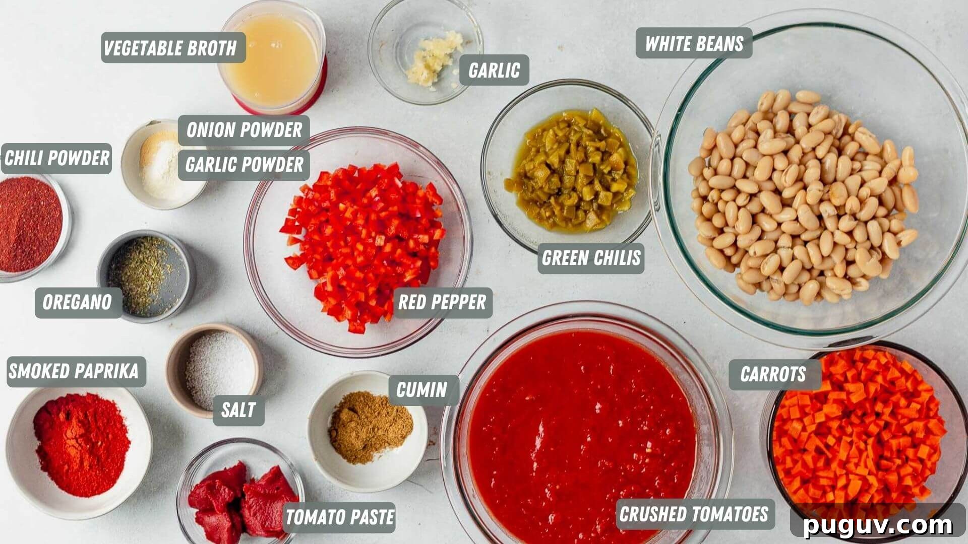 Smoky White Bean Vegetarian Chili — Slow Cooker Recipe 3 ingredients for vegetarian chili measured out on a white table
