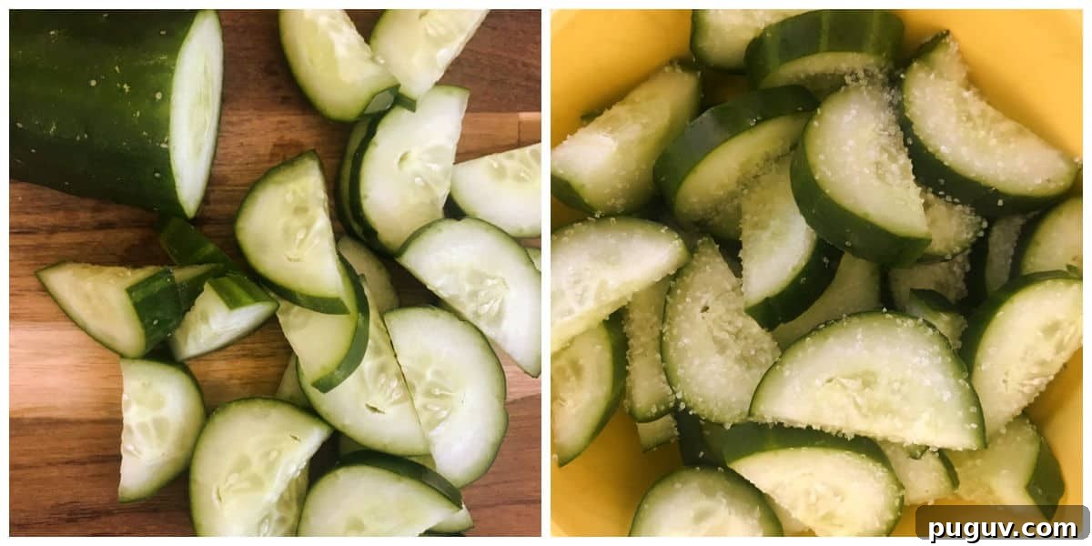 Quick Refrigerator Pickled Cucumbers: Tangy Crunch in 24 Hours 4 Cut cucumbers pieces with and without salt. Wooden board.