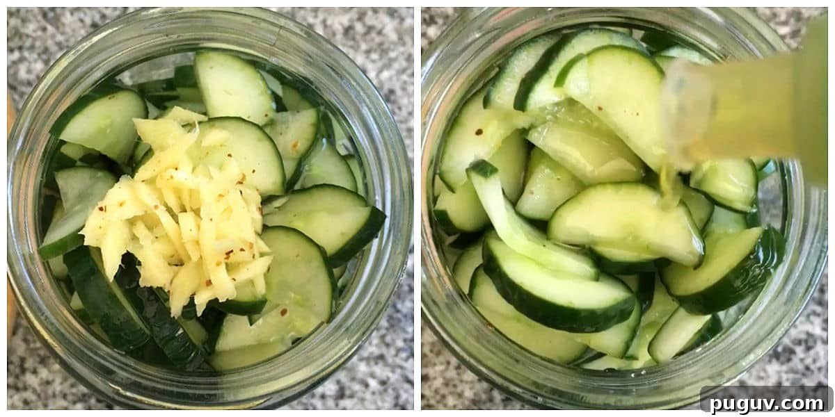 Quick Refrigerator Pickled Cucumbers: Tangy Crunch in 24 Hours 5 Jar with cucumber pieces and ginger. Adding oil to the jar. Collage.