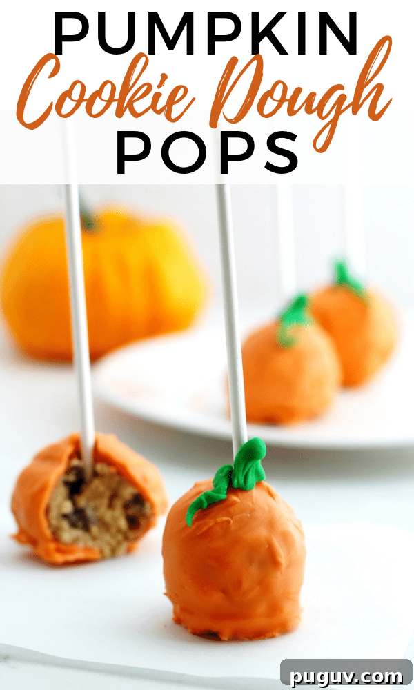 No-Bake Pumpkin Cookie Dough Pops — Fall Dessert Bites 9 Pumpkin pops are a perfect treat for a Halloween party. These pumpkin-shaped cookie dough pops are easy to make, no oven necessary!