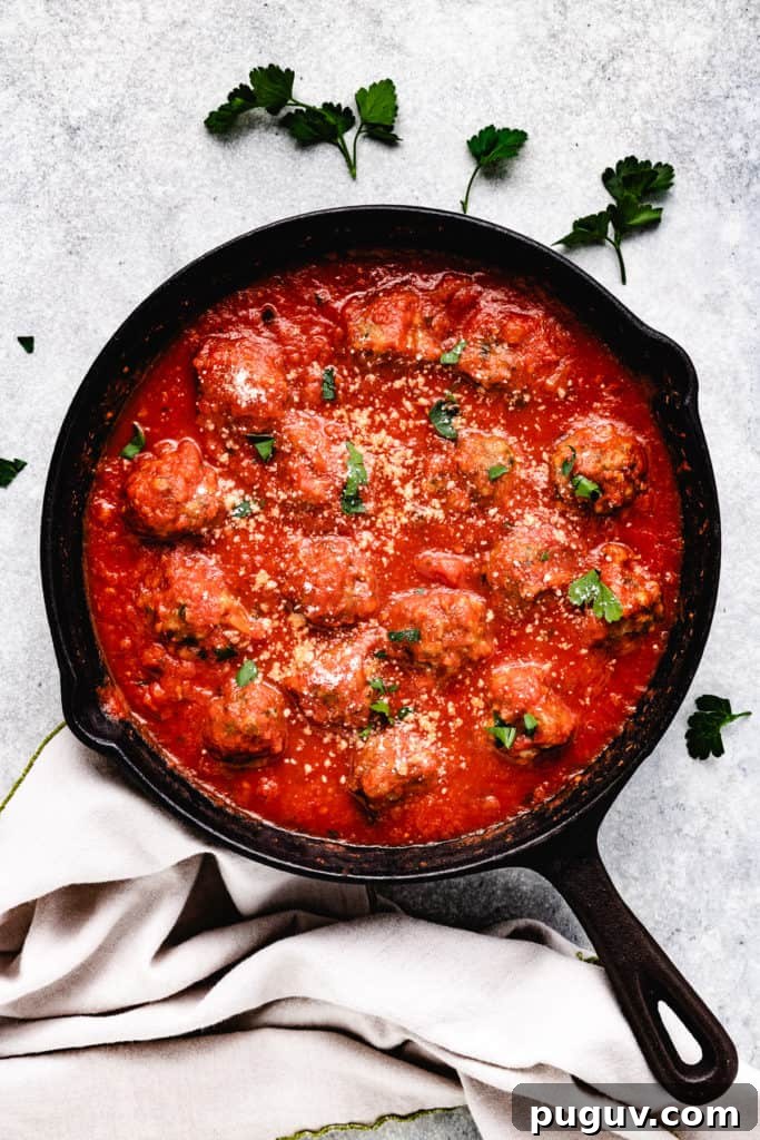 Perfect Pairings for Bruschetta: Appetizers, Salads & Wines 7 Cast iron skillet filled with marinara sauce and meatballs.