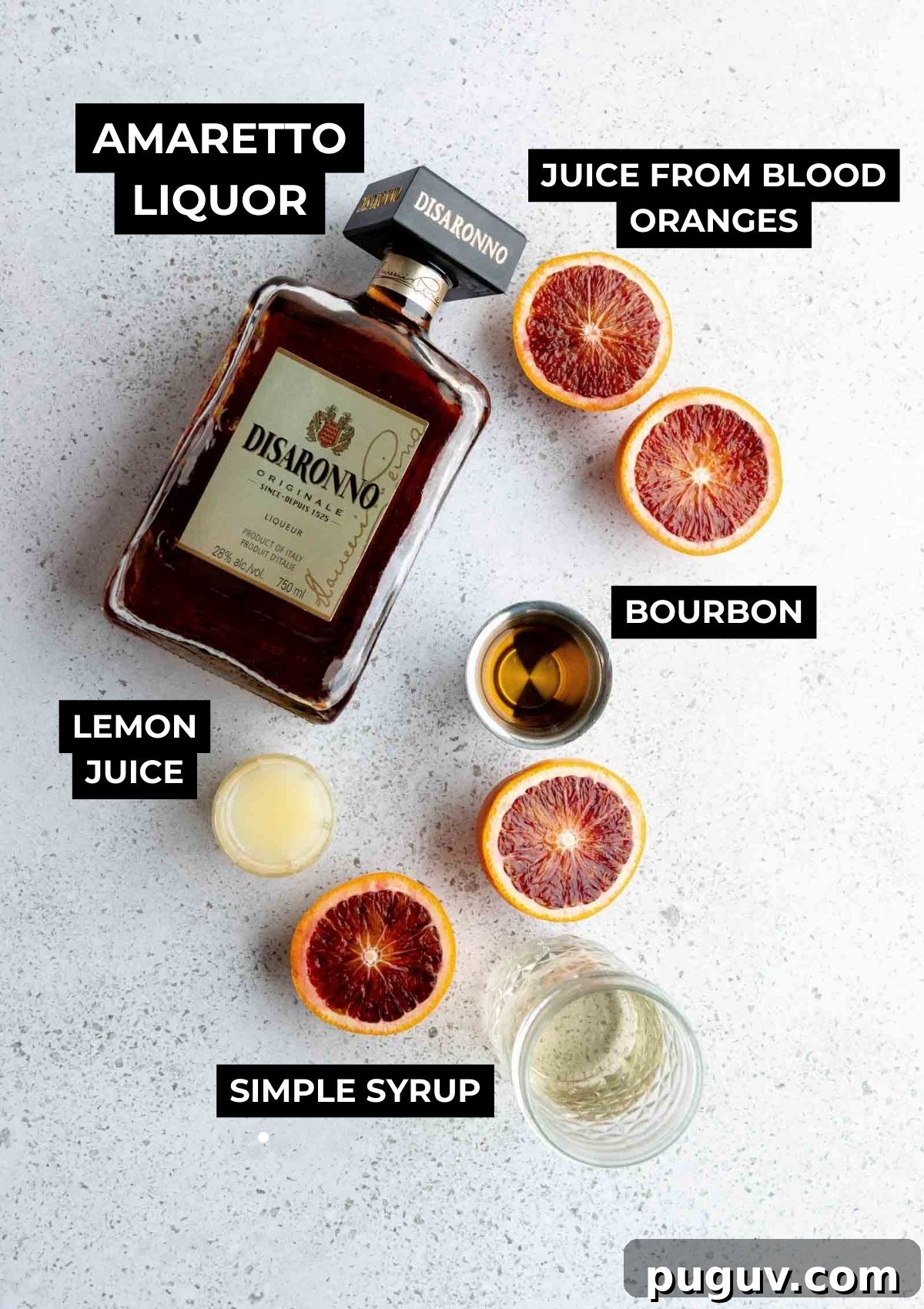 Ingredients for this cocktail recipe on a board.