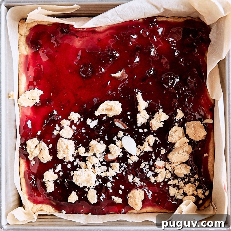 Homemade Jam Crumble Bars Recipe — Simple Fruit-Filled Dessert 5 Crumb topping sprinkled over jam layer of crumb bars