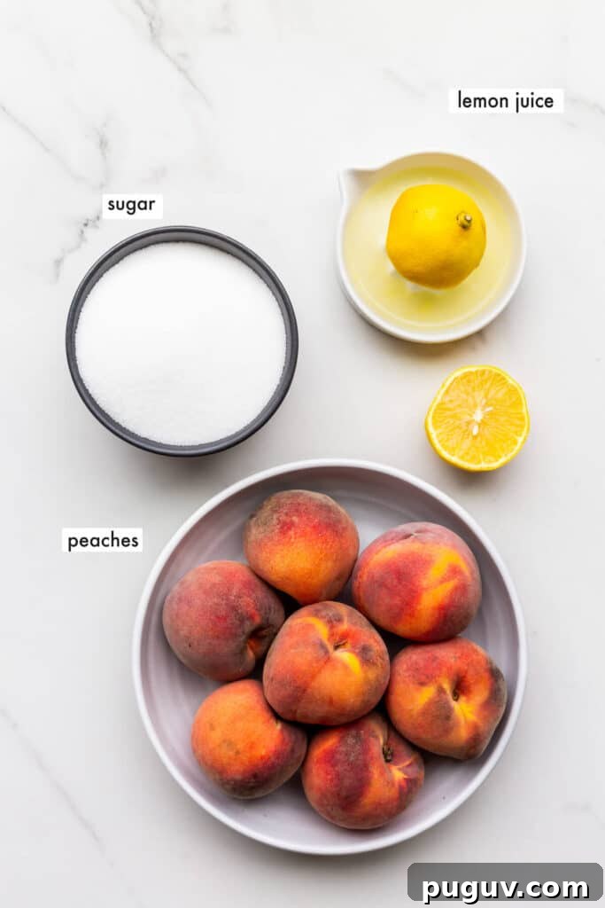Ingredients to make peach jam, include just lemon juice, sugar, and peaches.
