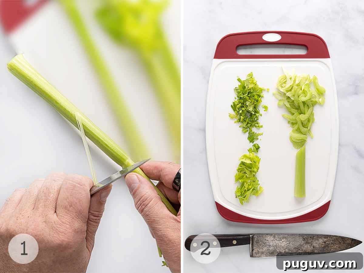 A person removing strings from a stalk of celery; sliced celery and chopped celery leaves on a cutting board.