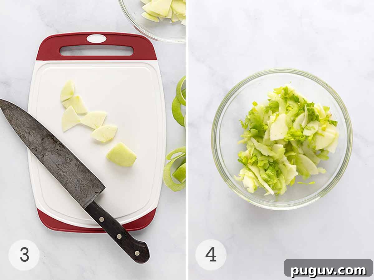 Slices of apple on a cutting board; celery leaves and slices and apples slices in a glass bowl.