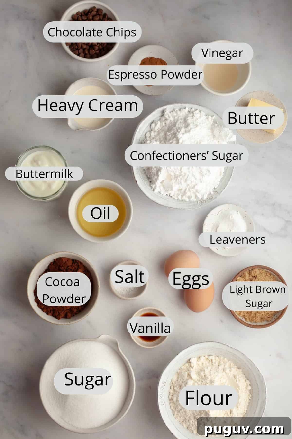 All the ingredients needed to make mocha cupcakes, weighed out into small bowls.