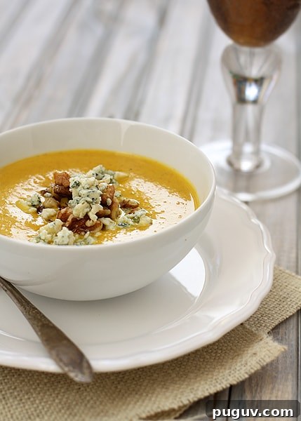 Creamy Pumpkin Soup with Toasted Walnuts and Crispy Toast 2 A bowl of canned pumpkin soup garnished with walnuts and blue cheese.