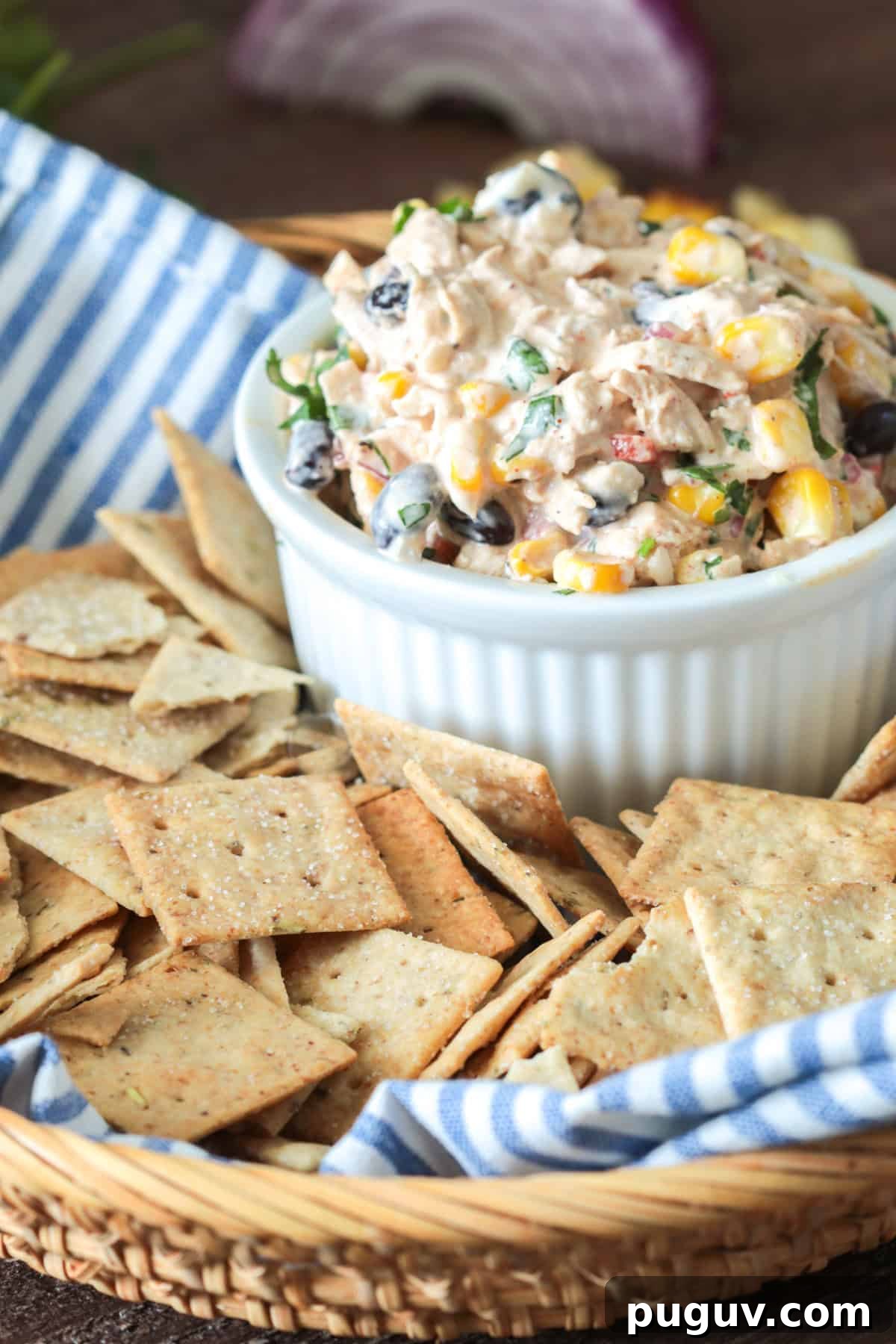 Creamy Mexican Chicken Salad Dip Recipe for Parties 7 Chicken salad with beans and corn in a bowl with crackers.