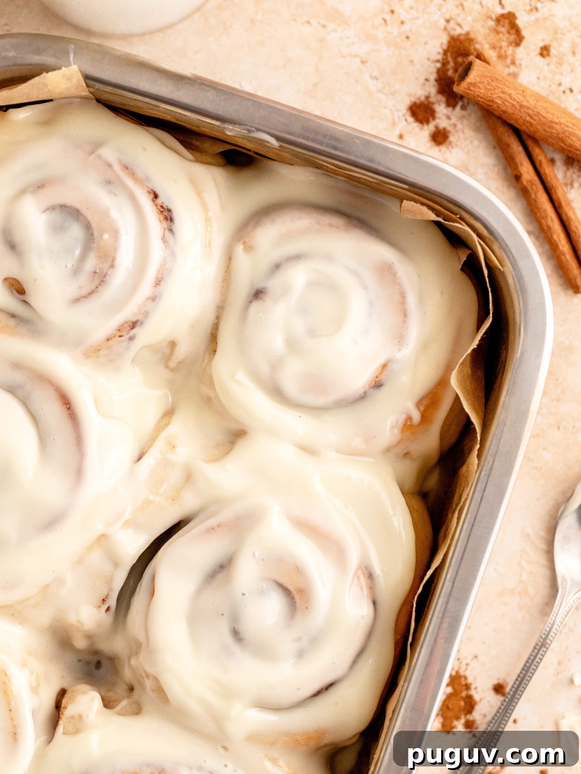 Cinnamon Rolls for Two: Small-Batch Recipe with Gooey Frosting 7 Cinnamon rolls close up