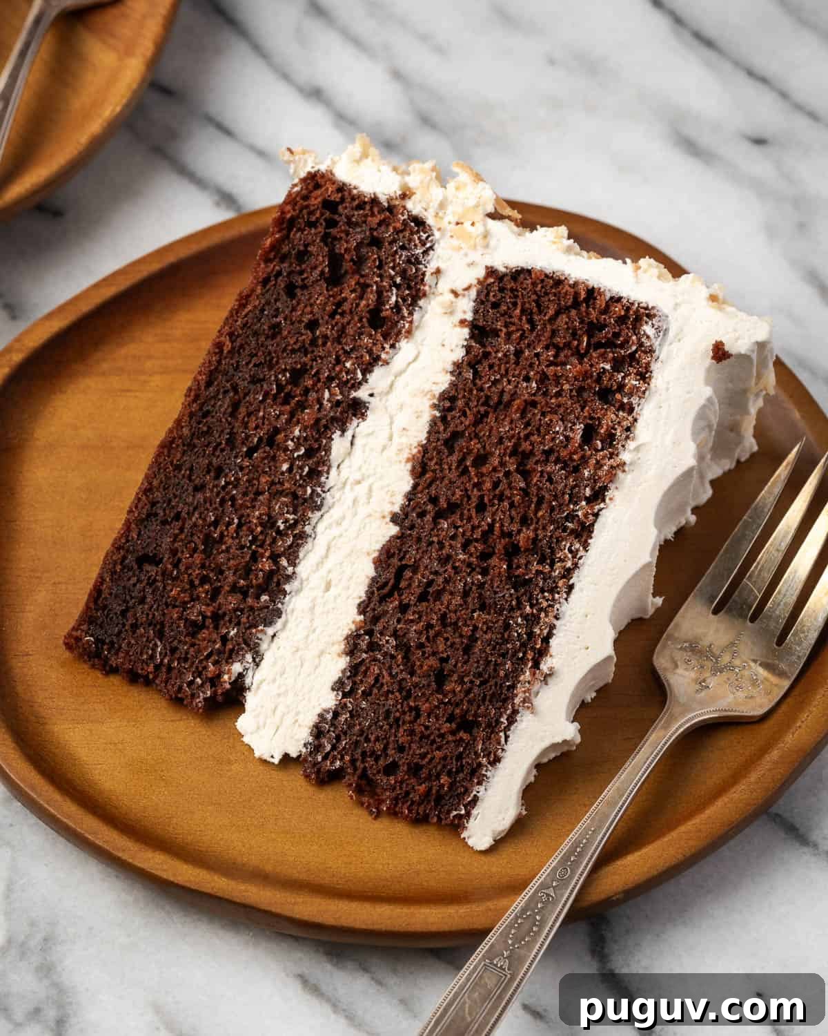 Decadent Chocolate Coconut Cake Recipe (Moist & Easy to Make) 2 A slice of gluten free chocolate coconut cake served on a small wooden plate.