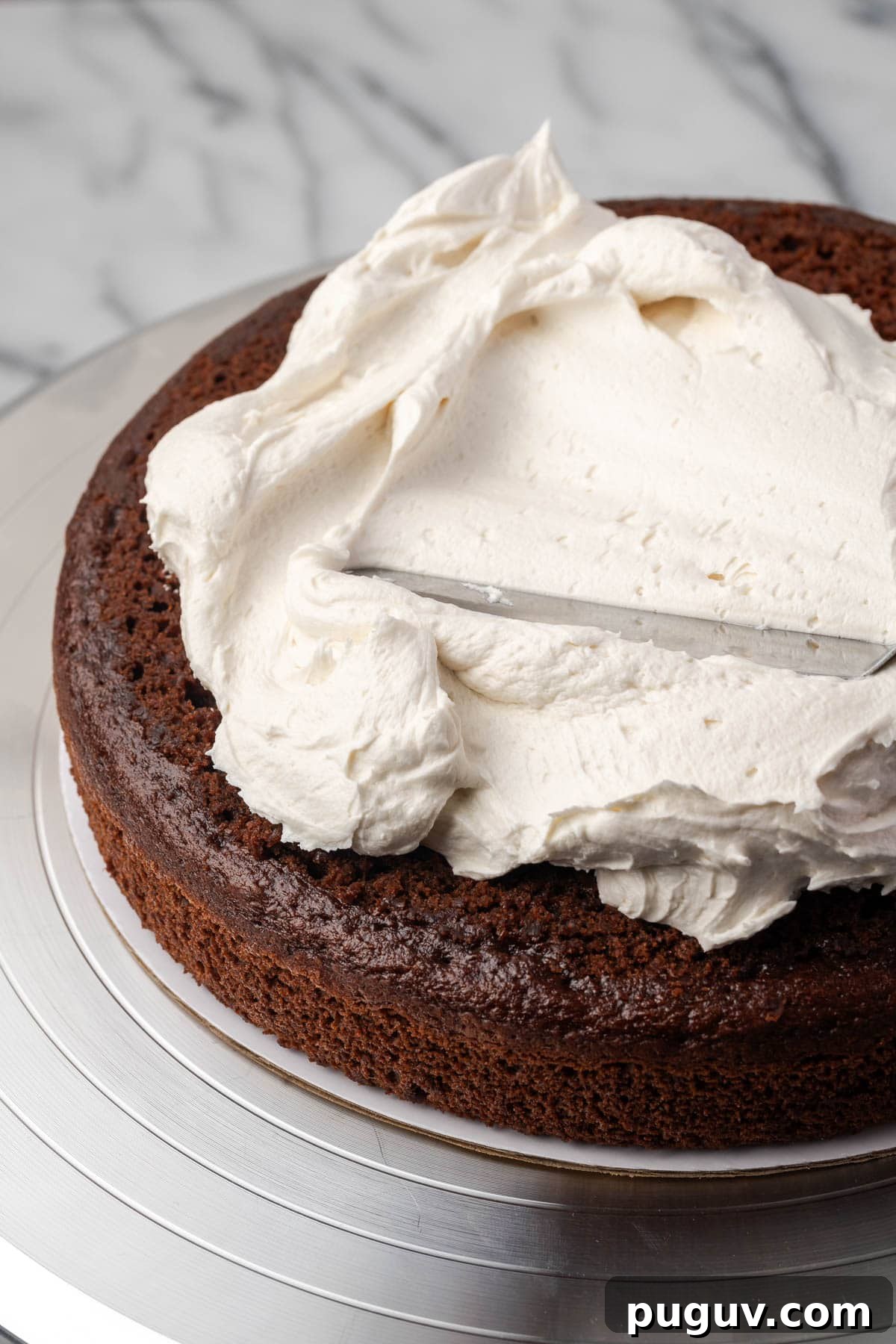 Decadent Chocolate Coconut Cake Recipe (Moist & Easy to Make) 11 Coconut buttercream frosting being spread on a layer of chocolate cake.