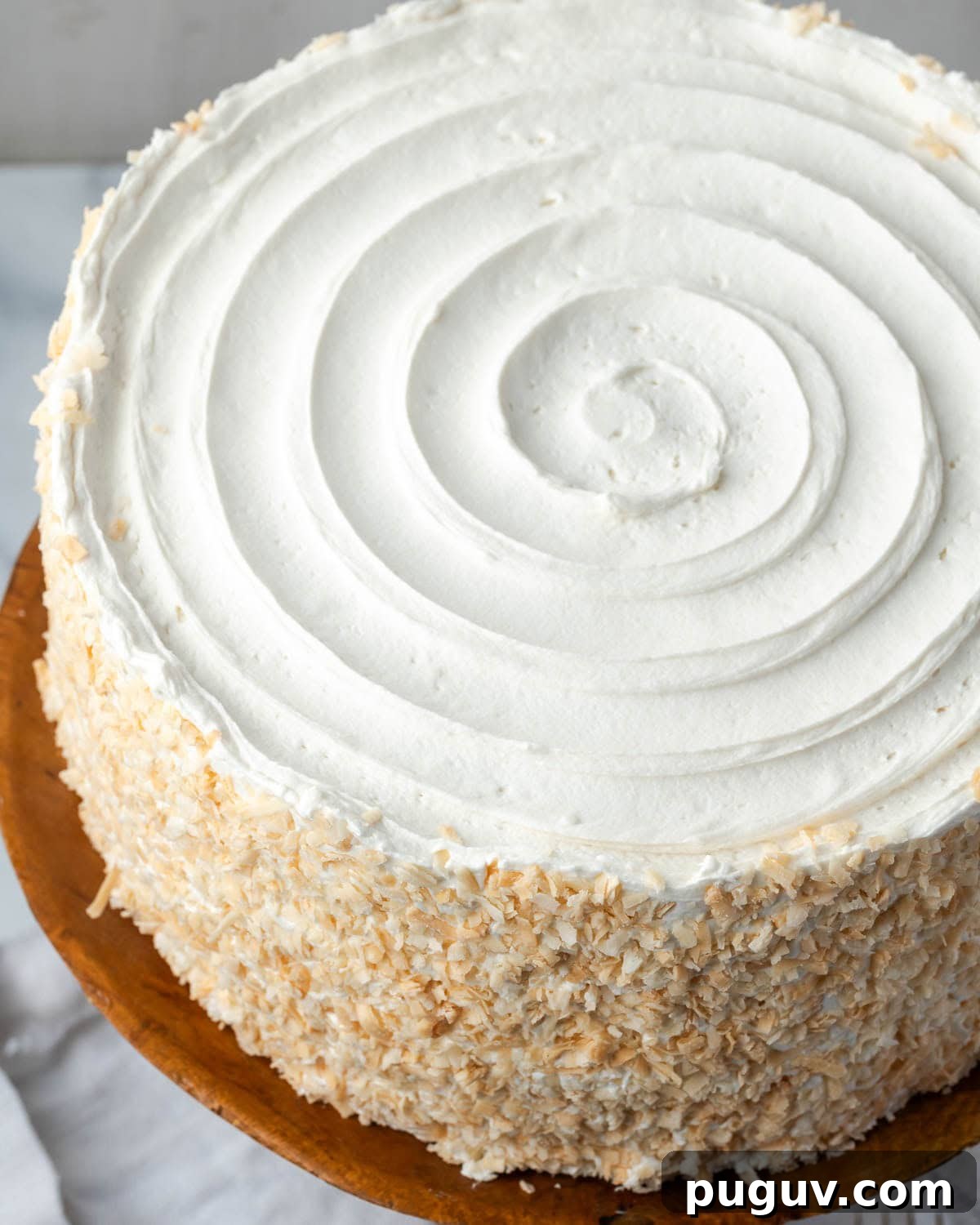 Decadent Chocolate Coconut Cake Recipe (Moist & Easy to Make) 12 A decorated chocolate coconut cake showing the toasted shredded coconut on the outside.