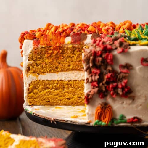 A gluten free pumpkin cake sliced so the inside layers are showing.