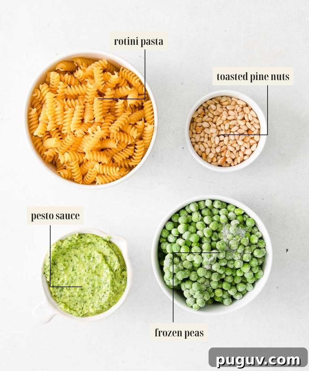 Creamy Pea Pasta with Garlic and Parmesan 5 Labeled ingredients image for quick pasta and peas.