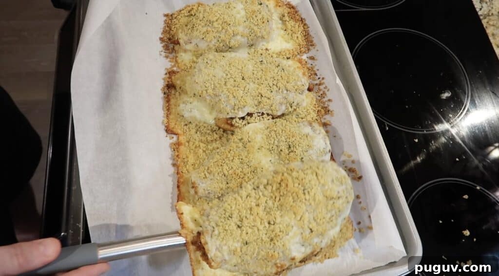 Baked chicken cutlets removed from the oven with a spatula under one of them