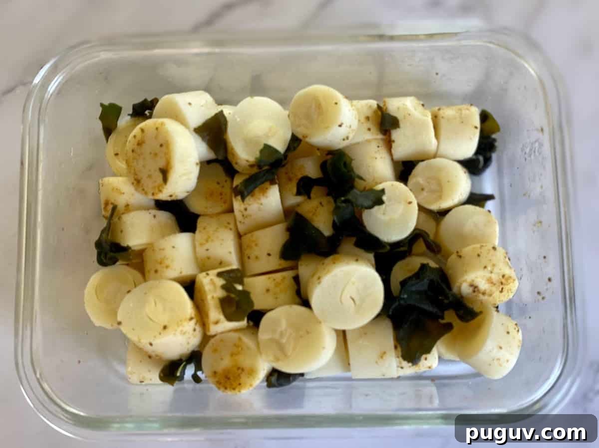 Crispy Vegan Scallops Recipe with Garlic Lemon Butter Sauce 6 Marinated hearts of palm scallops