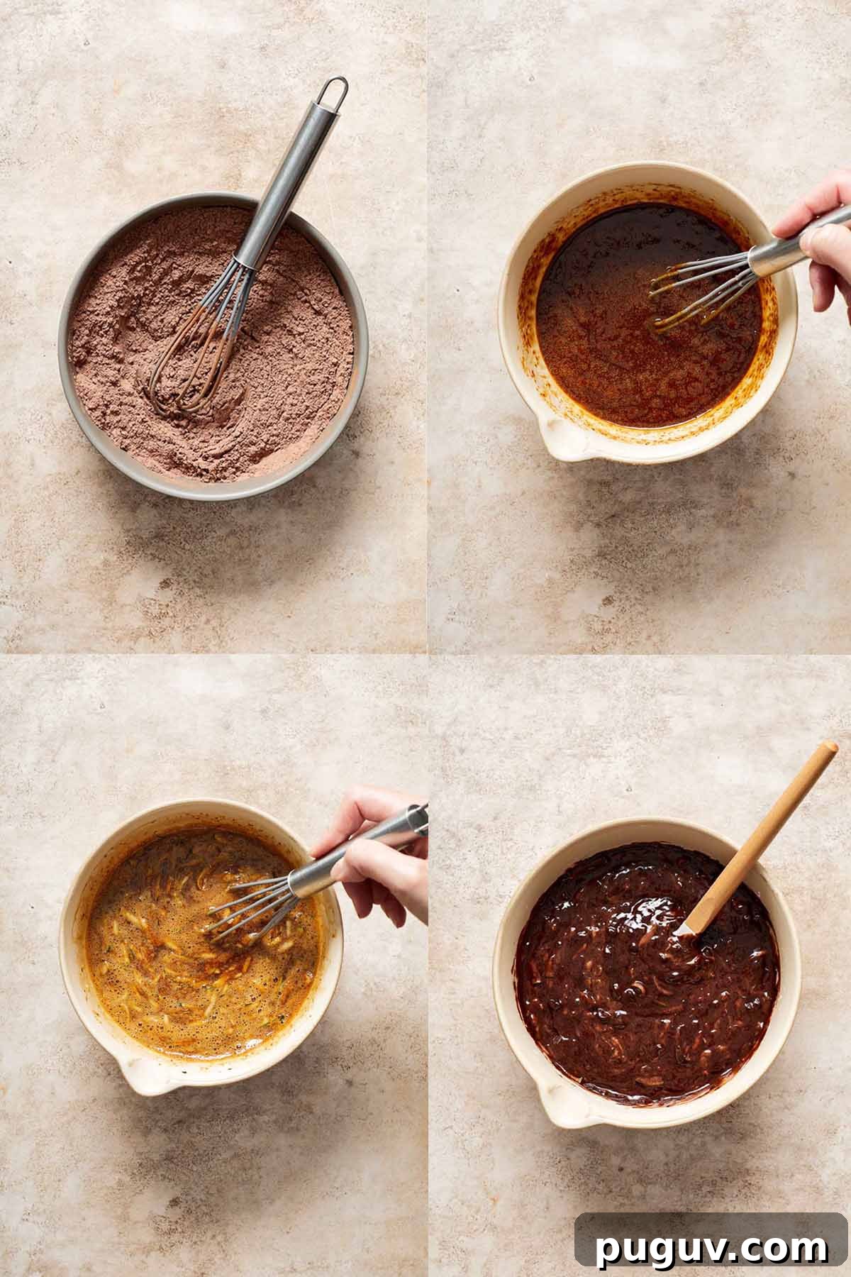Moist Chocolate Zucchini Cupcakes with Fudgy Cocoa Glaze 4 Collage of 4 images demonstrating how the dry ingredients and wet mixture come together to make the cupcake batter.