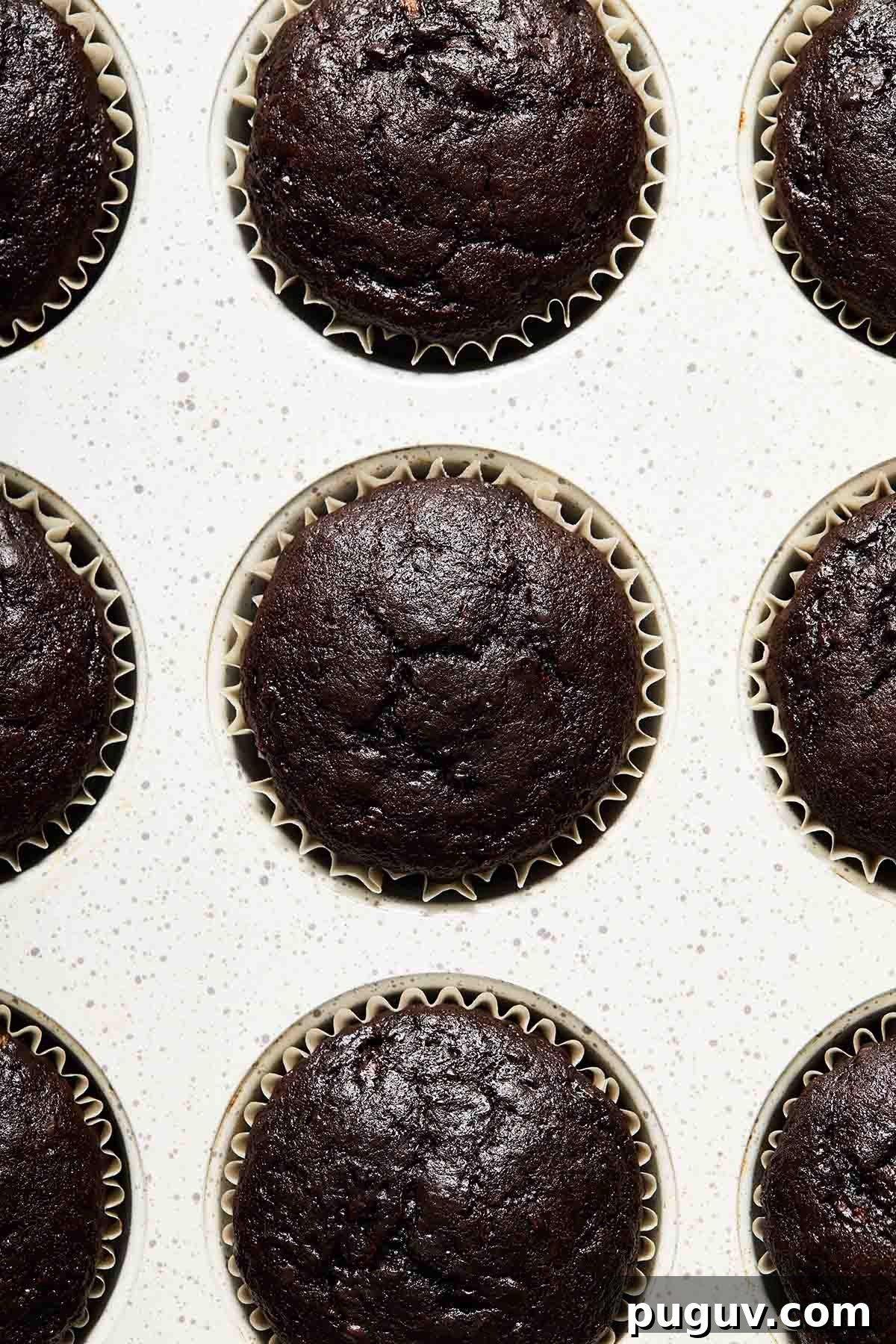 Moist Chocolate Zucchini Cupcakes with Fudgy Cocoa Glaze 6 Cupcakes baked up in a muffin pan.