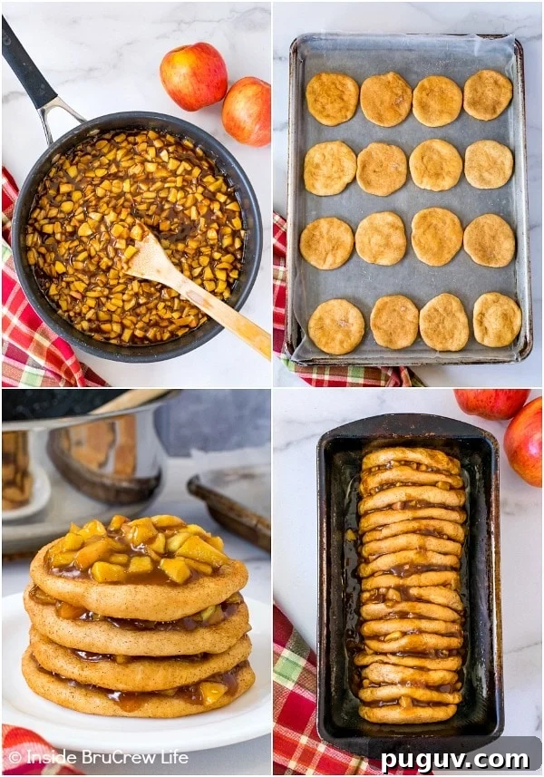 Apple Cinnamon Pull Apart Bread - a sweet glaze and cinnamon apples make this gooey pull apart bread taste amazing. Make this homemade recipe for breakfast or brunch this fall. Four pictures collaged together showing how to make apple cinnamon pull apart bread