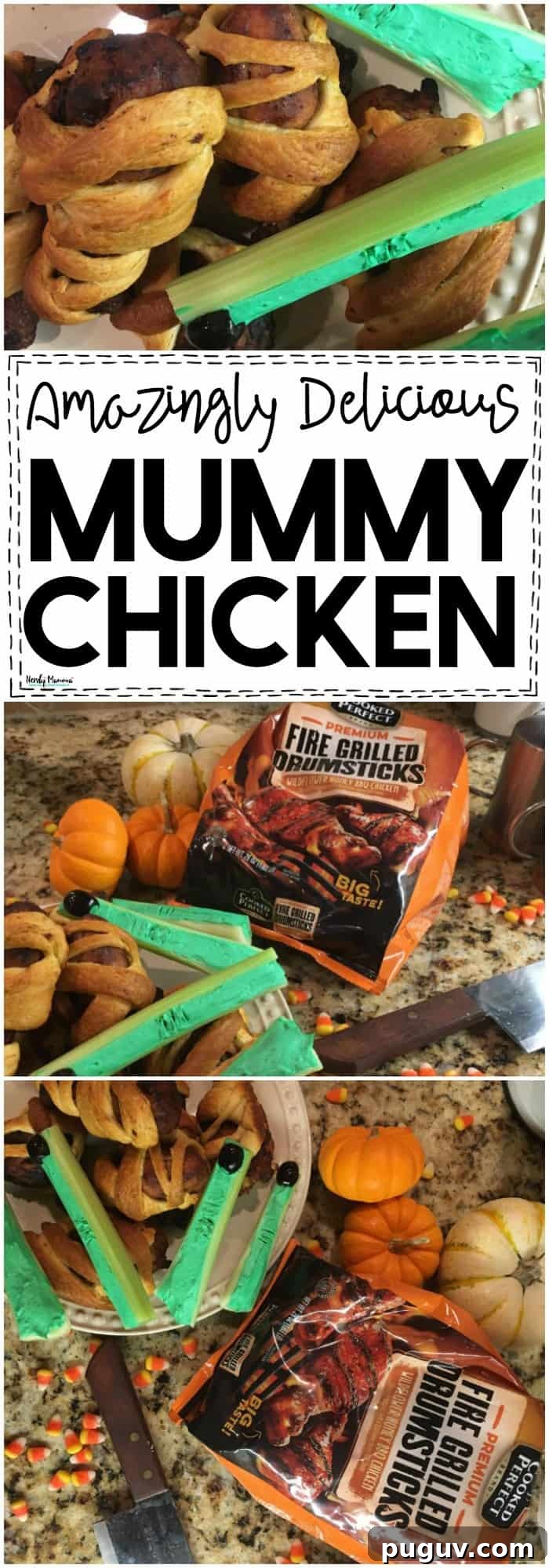 Check out these Ridiculously Simple Mini Mummy Legs! They're served with super creepy zombie fingers for the perfect Halloween dinner!